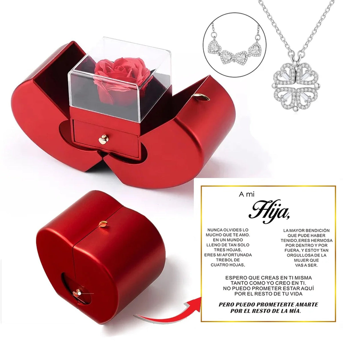 Joyero de manzana con rosa eterna, collar plateado y dedicatoria en español