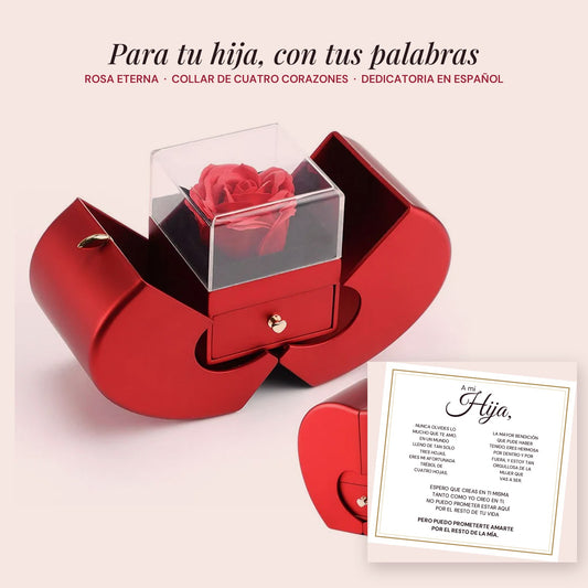 Rosa eterna en joyero de manzana con collar de cuatro corazones y tarjeta «A mi hija» en español