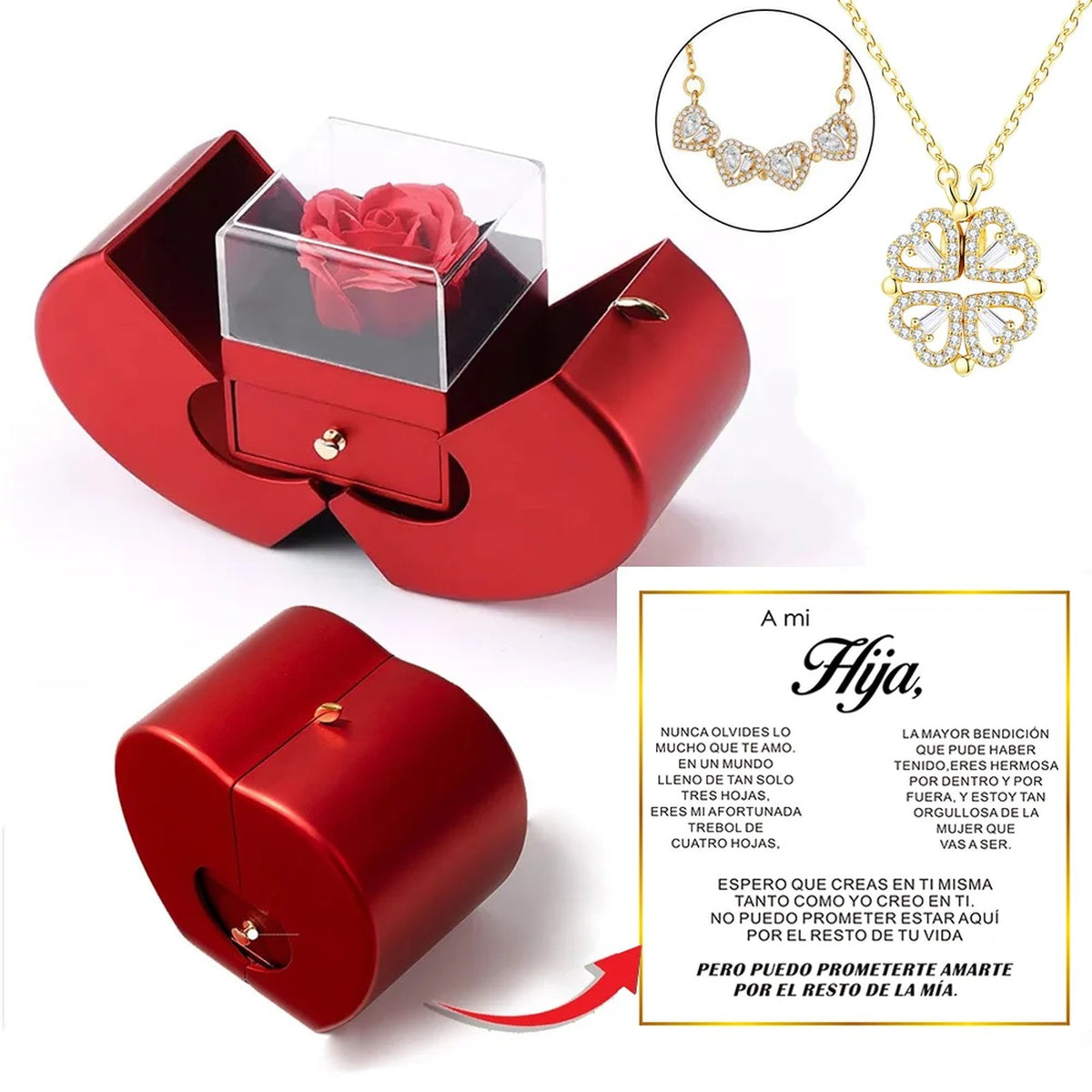 Joyero de manzana con rosa eterna, collar dorado y dedicatoria en español