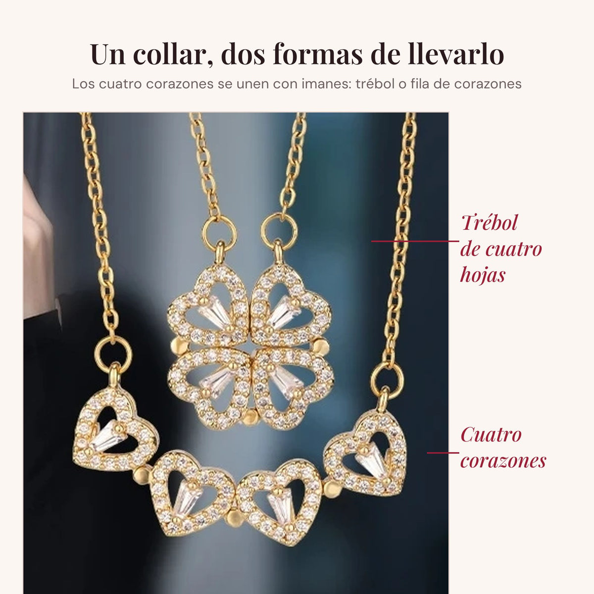 Collar magnético: trébol de cuatro hojas o fila de cuatro corazones