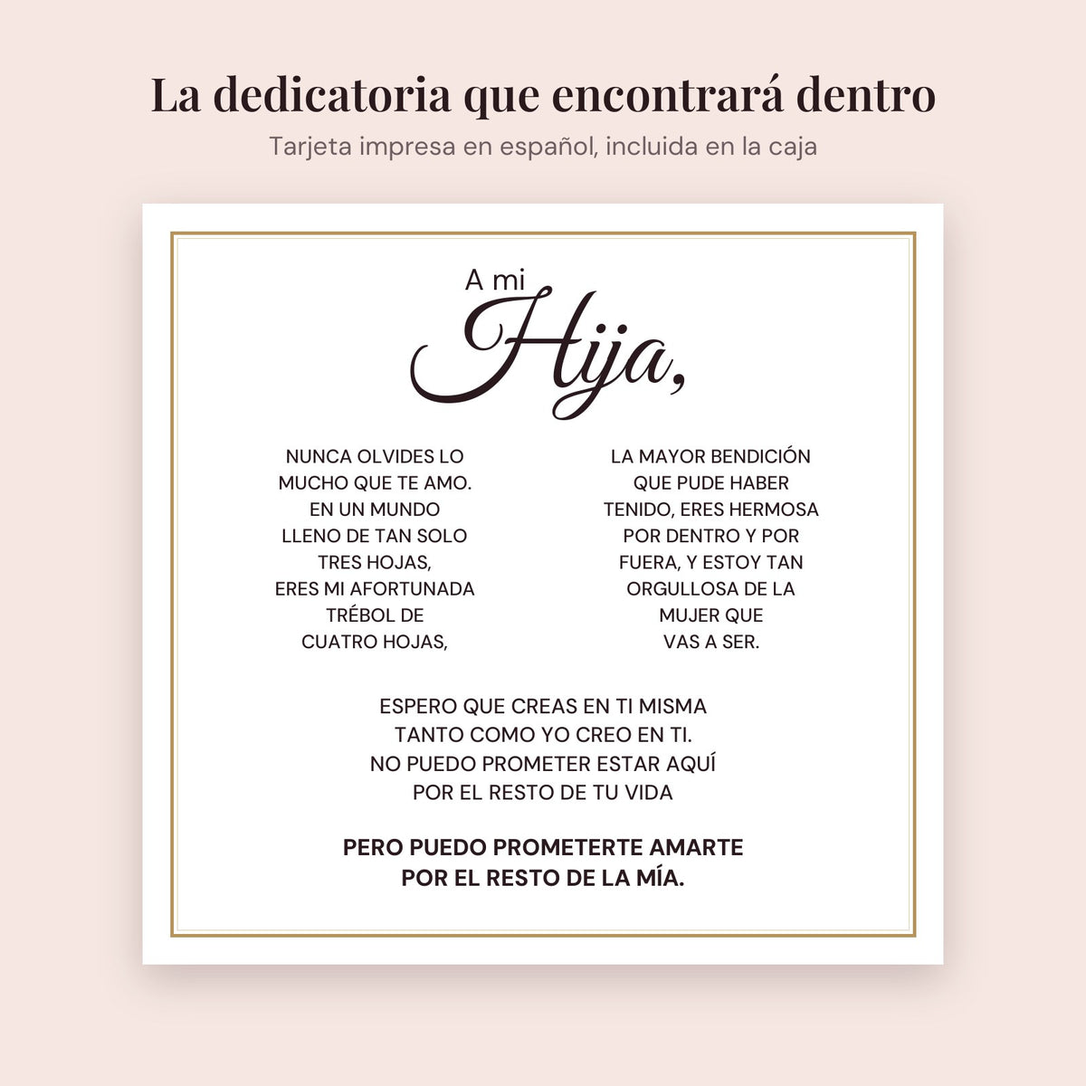Texto completo de la dedicatoria «A mi hija» que incluye la caja