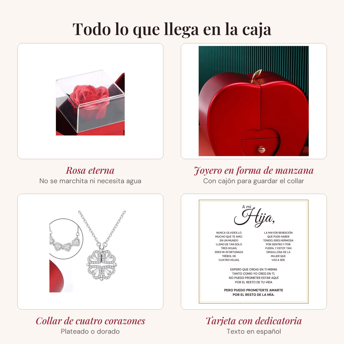 Todo lo que incluye: rosa eterna, joyero de manzana, collar y tarjeta