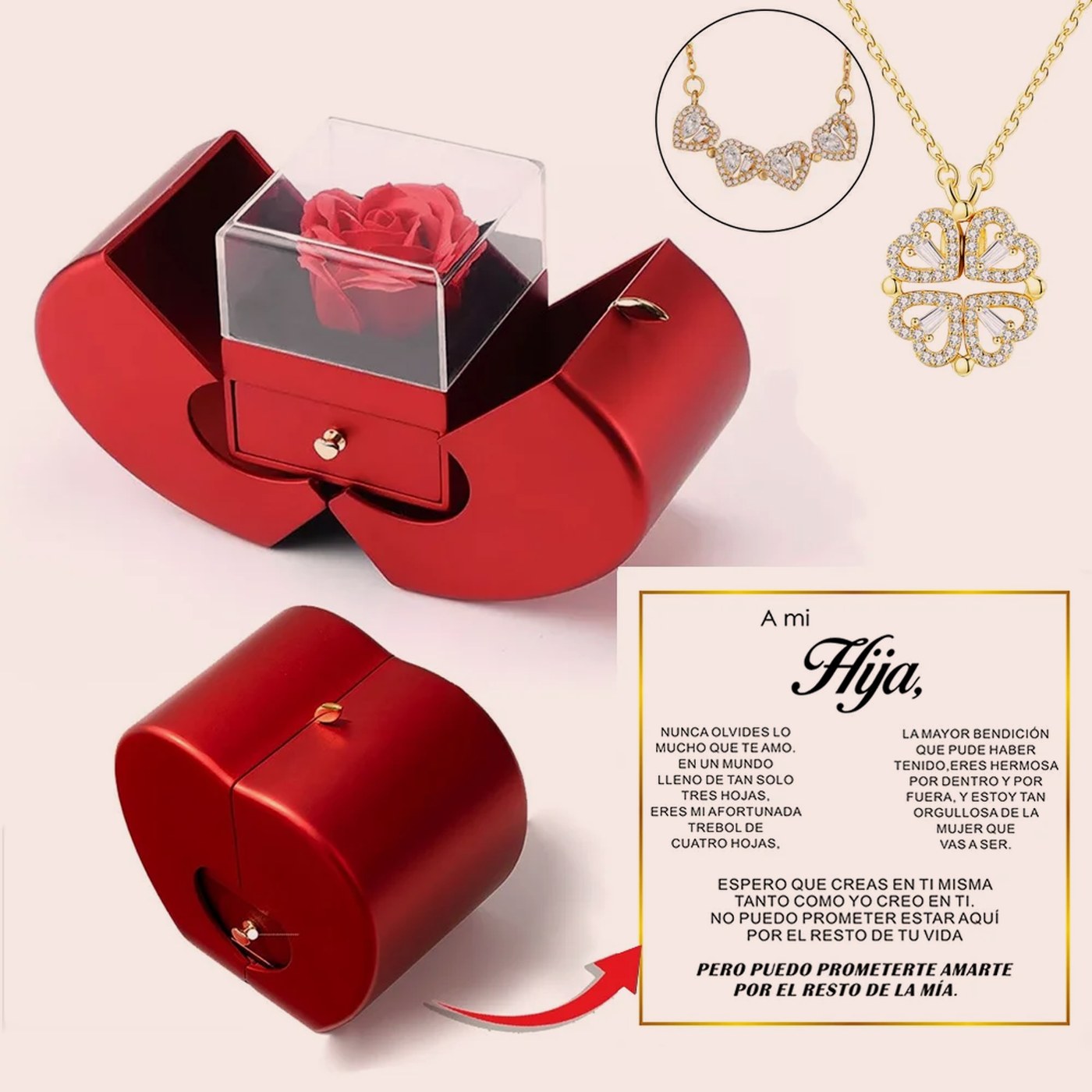 Rosa eterna en joyero de manzana con collar de cuatro corazones